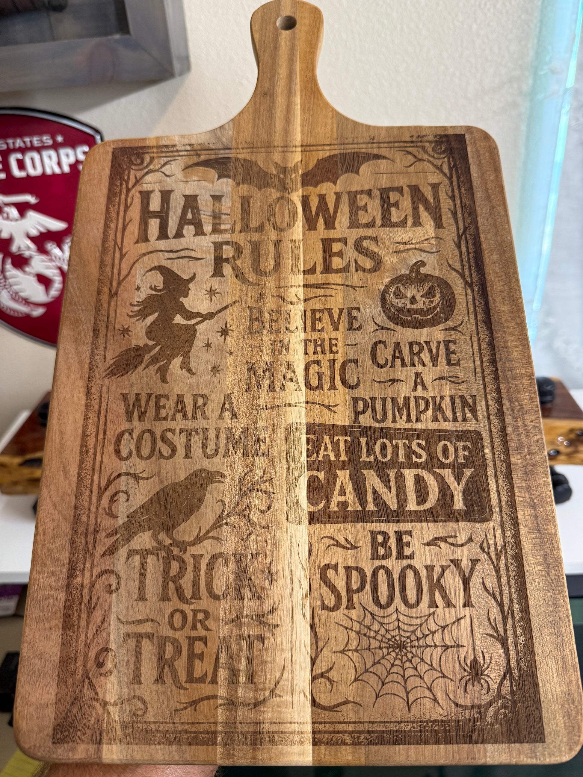 Halloween Rules Cutting Board - Believe in the Magic Carve a Pumpkin Wear a Costume Eat Lots of Candy Be Spooky Decor Wood Kitchen Chopping Knives