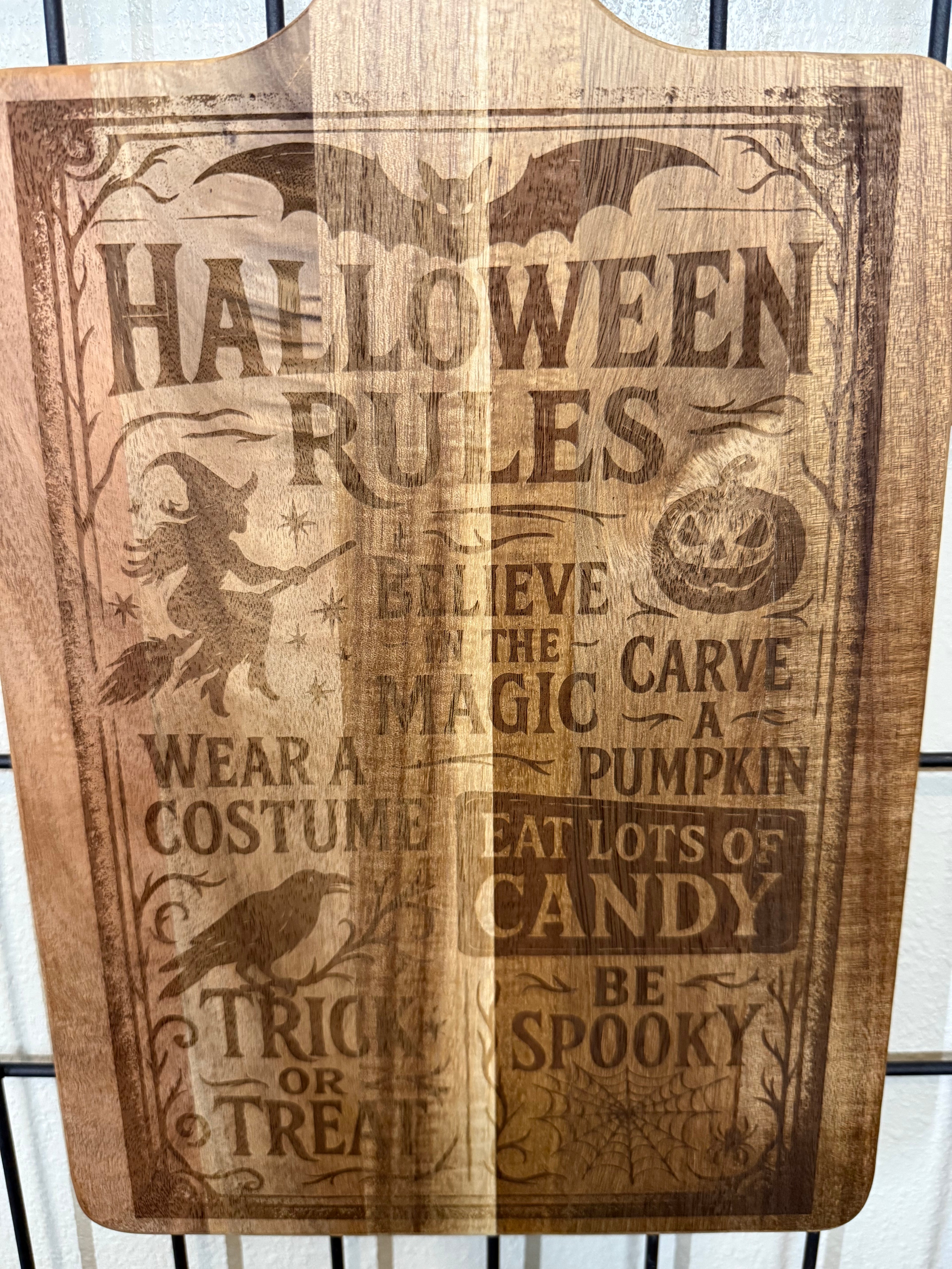 Halloween Rules Cutting Board - Believe in the Magic Carve a Pumpkin Wear a Costume Eat Lots of Candy Be Spooky Decor Wood Kitchen Chopping Knives