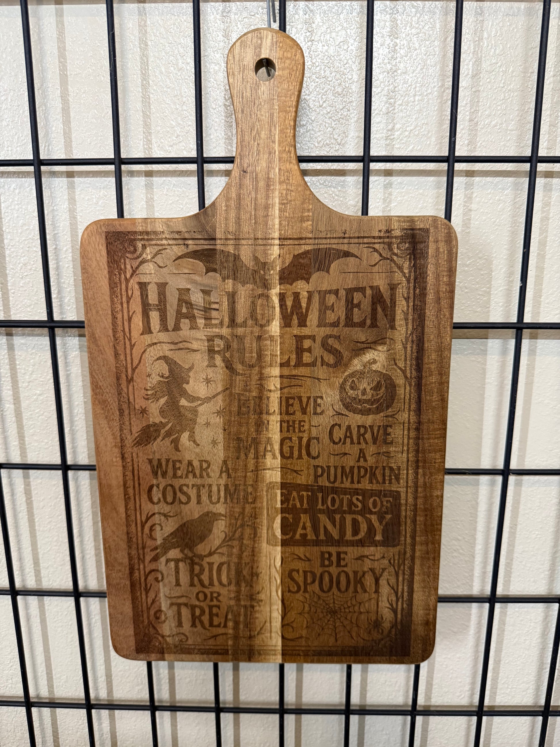 Halloween Rules Cutting Board - Believe in the Magic Carve a Pumpkin Wear a Costume Eat Lots of Candy Be Spooky Decor Wood Kitchen Chopping Knives