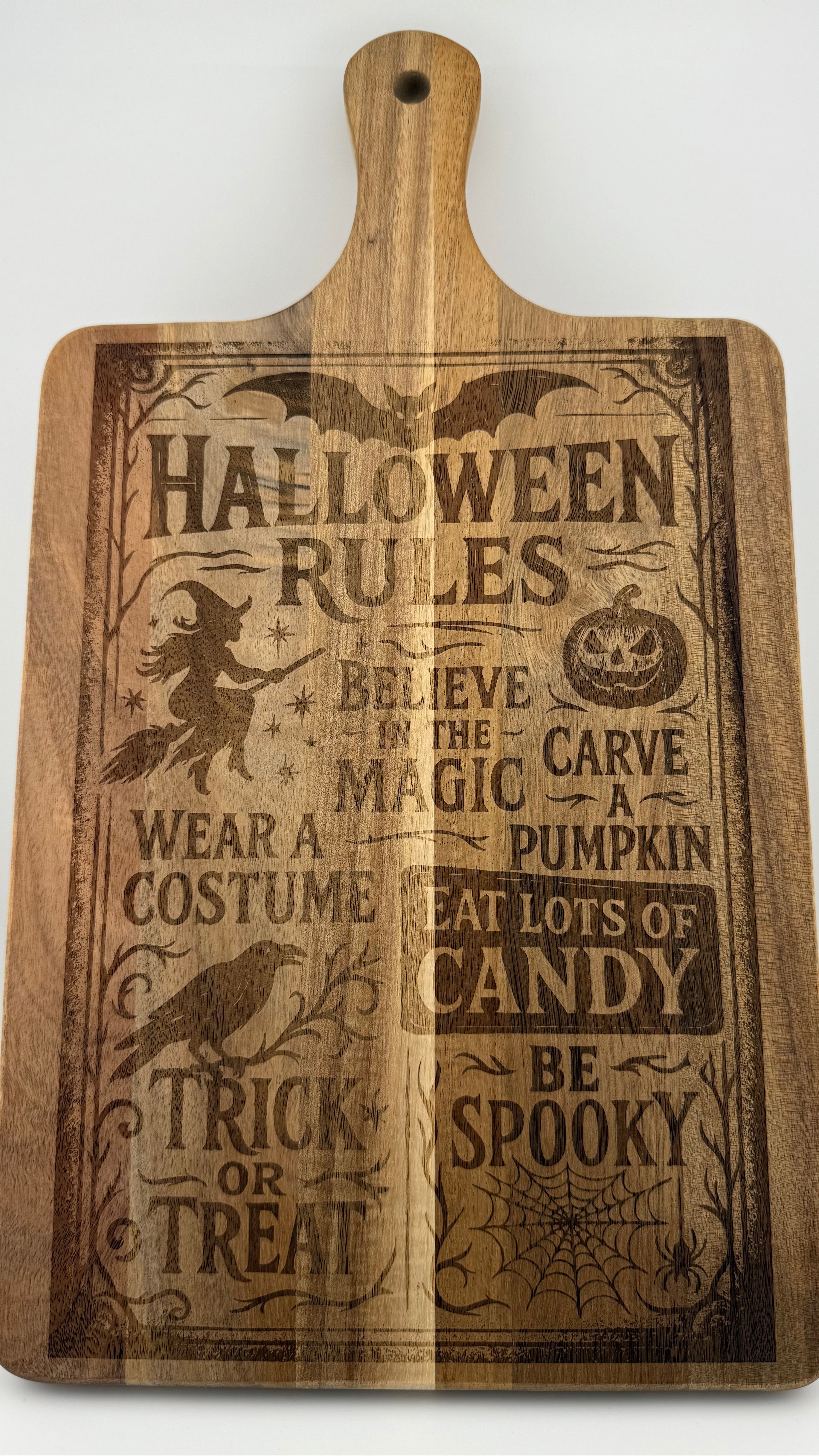 Halloween Rules Cutting Board - Believe in the Magic Carve a Pumpkin Wear a Costume Eat Lots of Candy Be Spooky Decor Wood Kitchen Chopping Knives