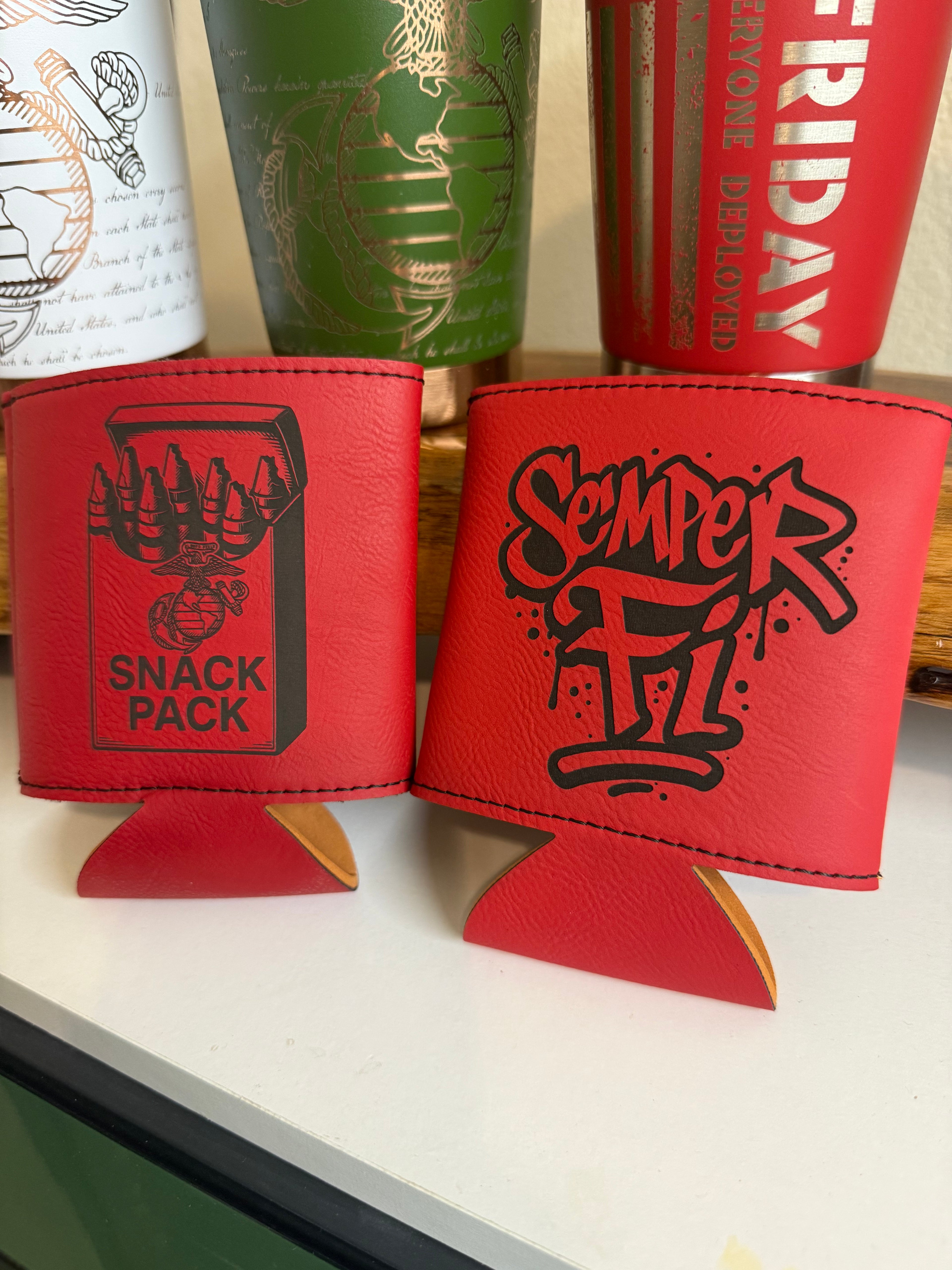 Custom USMC Leather Can Holder – Semper Fi / Snack Pack 2 pack
