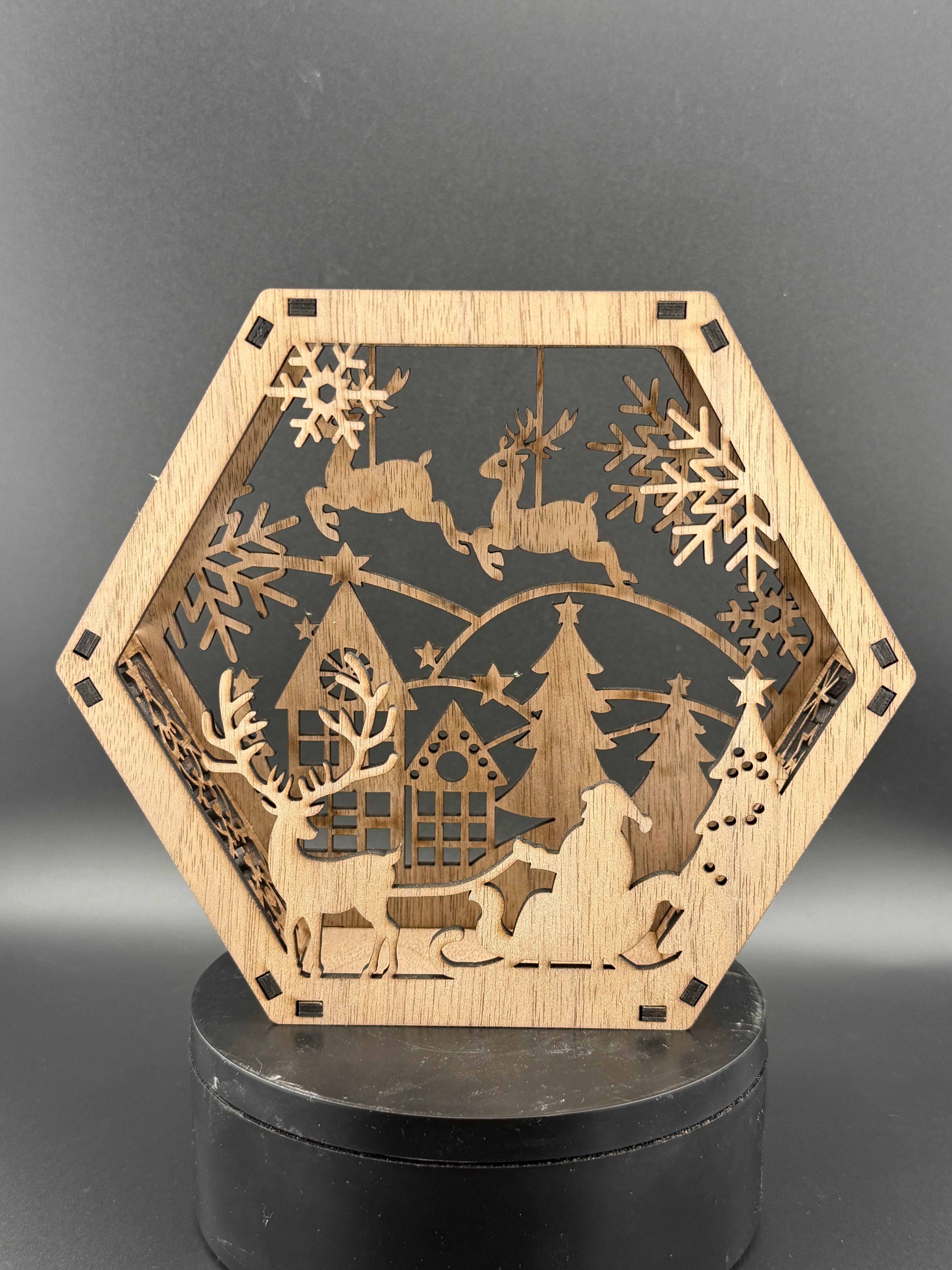 Wooden Hexagon Santa Sleigh Scene – Laser Cut Christmas Table Decor