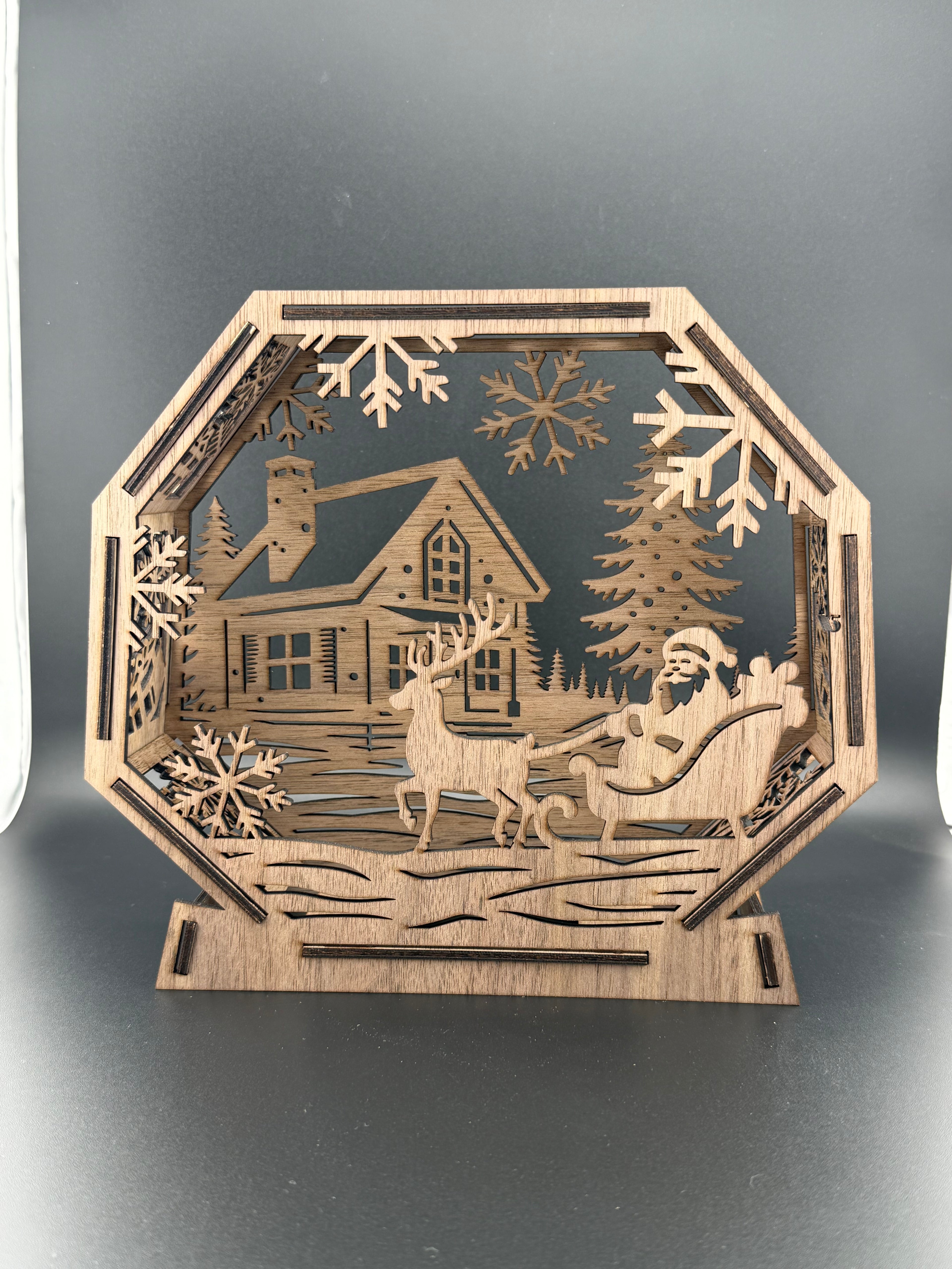 Wooden Santa Sleigh Layered Winter Scene – Holiday Decor Centerpiece